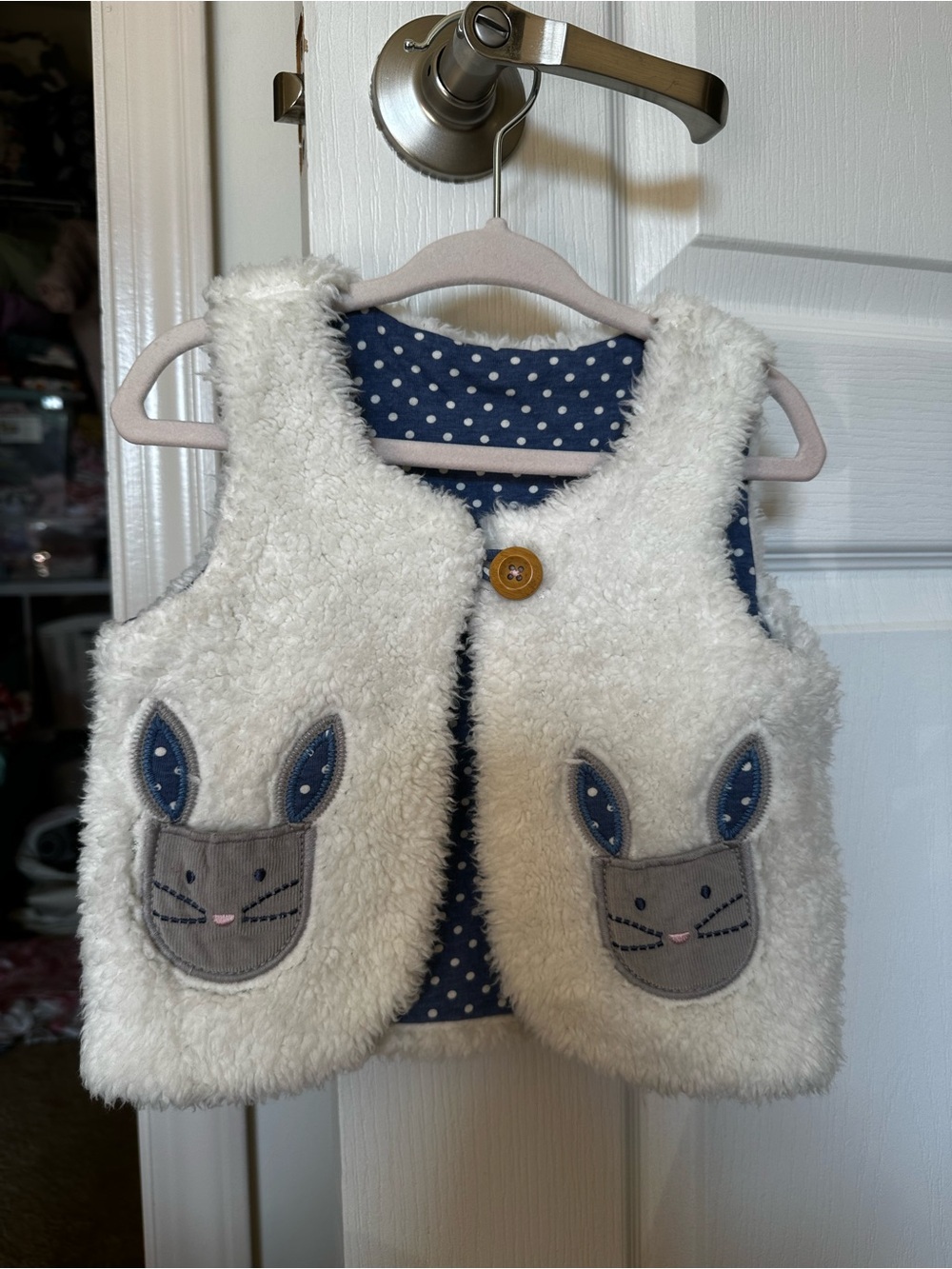 Baby Boden Navy Polka Dot Lined Cream Sherpa Vest Grey Bunnies 🐰